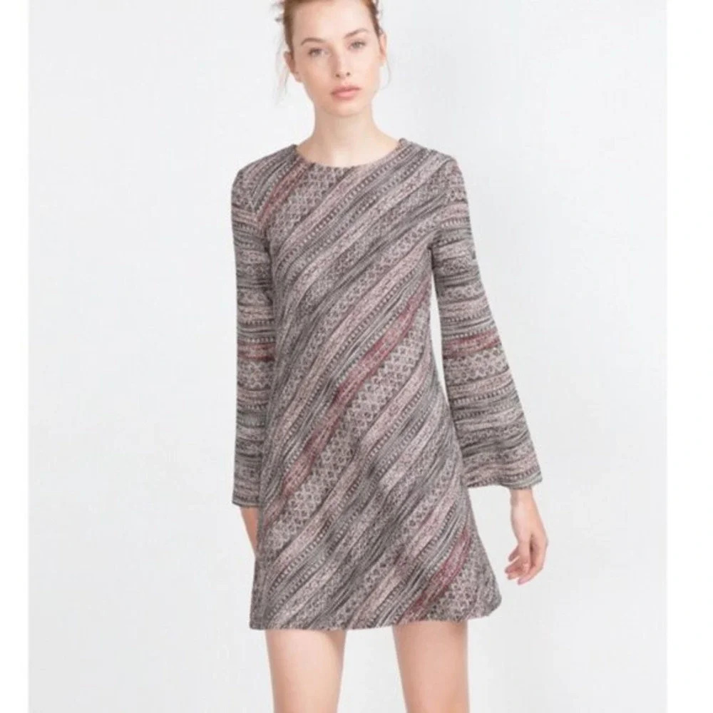 ZARA Textured Knit Tweed Bell Sleeve Dress Size Small
